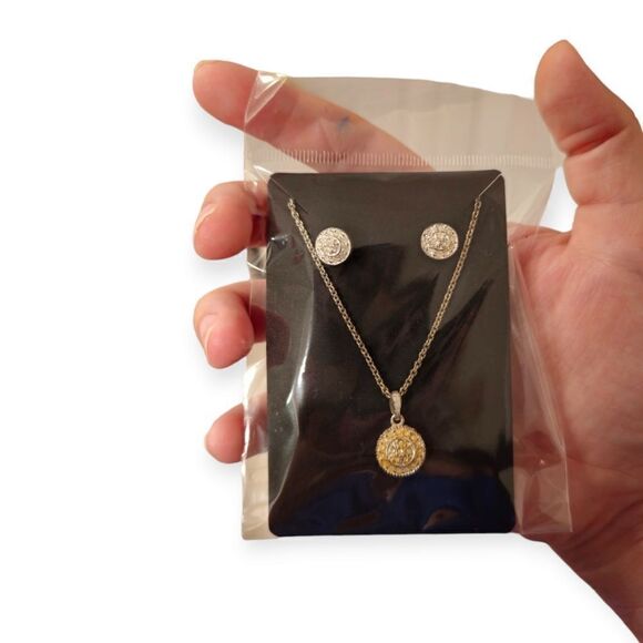 Small Gold and Siver-tone Medallion Necklace with Matching Earrings - Picture 4 of 6